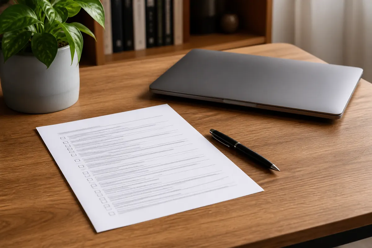 Checklist impresso e caneta sobre a mesa antes de uma compra de curso