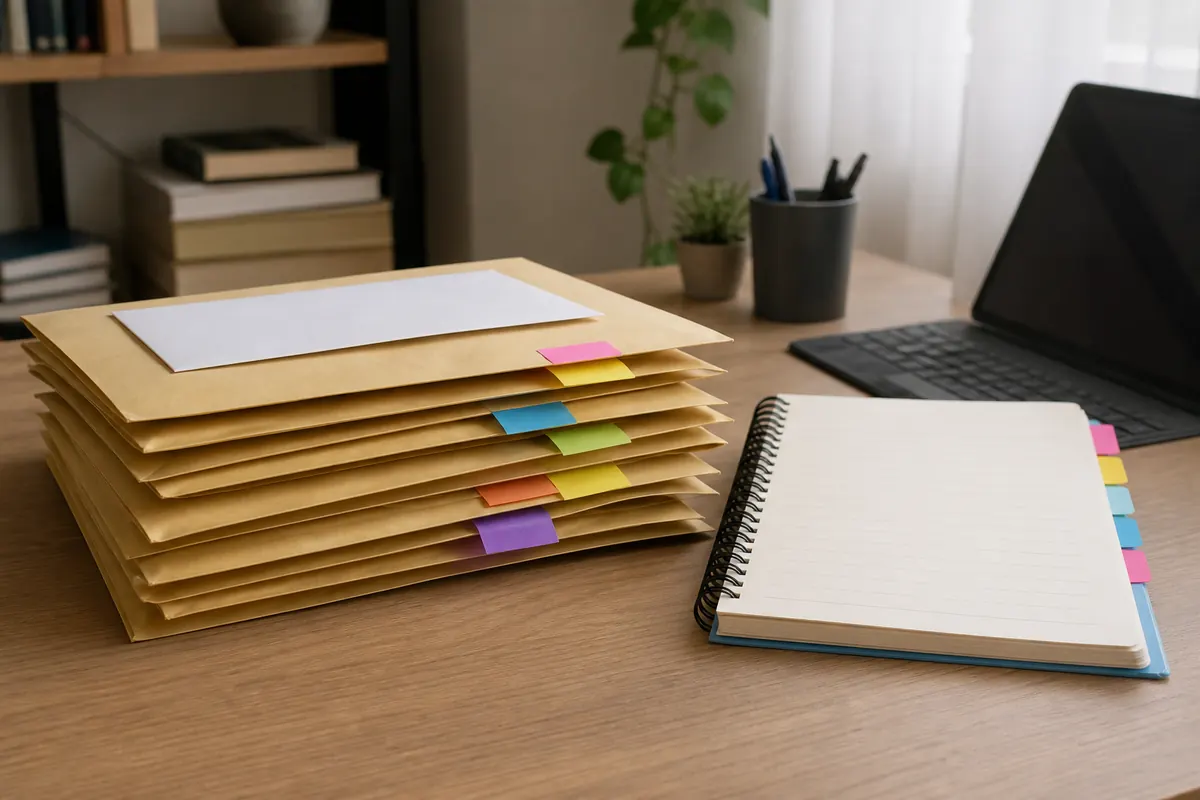 Documentos e envelopes organizados antes de uma negociação financeira
