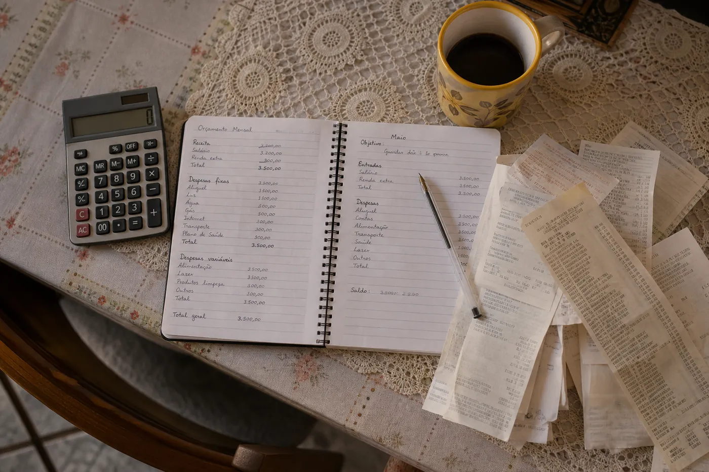Mesa com caderno de orçamento, calculadora e comprovantes de despesas