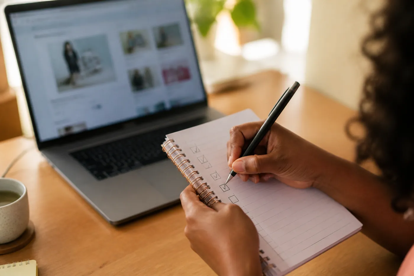 Mãos escrevendo um checklist em um caderno antes de uma compra online