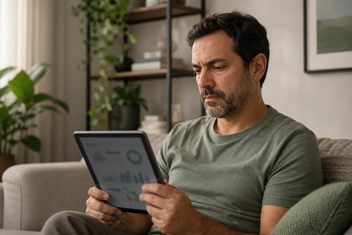 Homem consultando informações de crédito em um tablet, com a tela desfocada