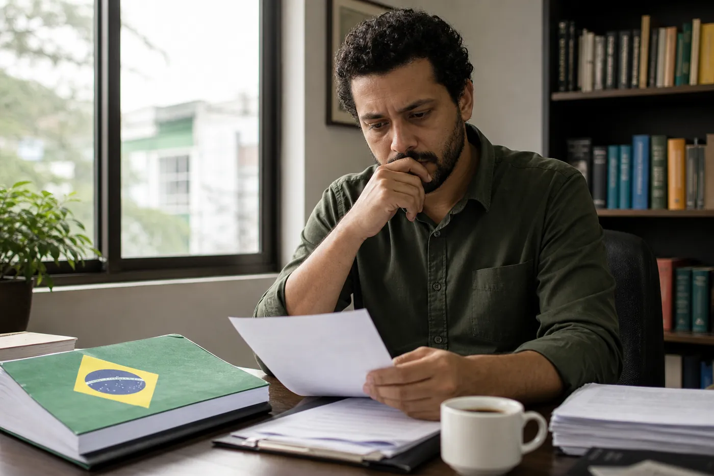 Pessoa lendo documentos legais e anotações financeiras em um escritório caseiro