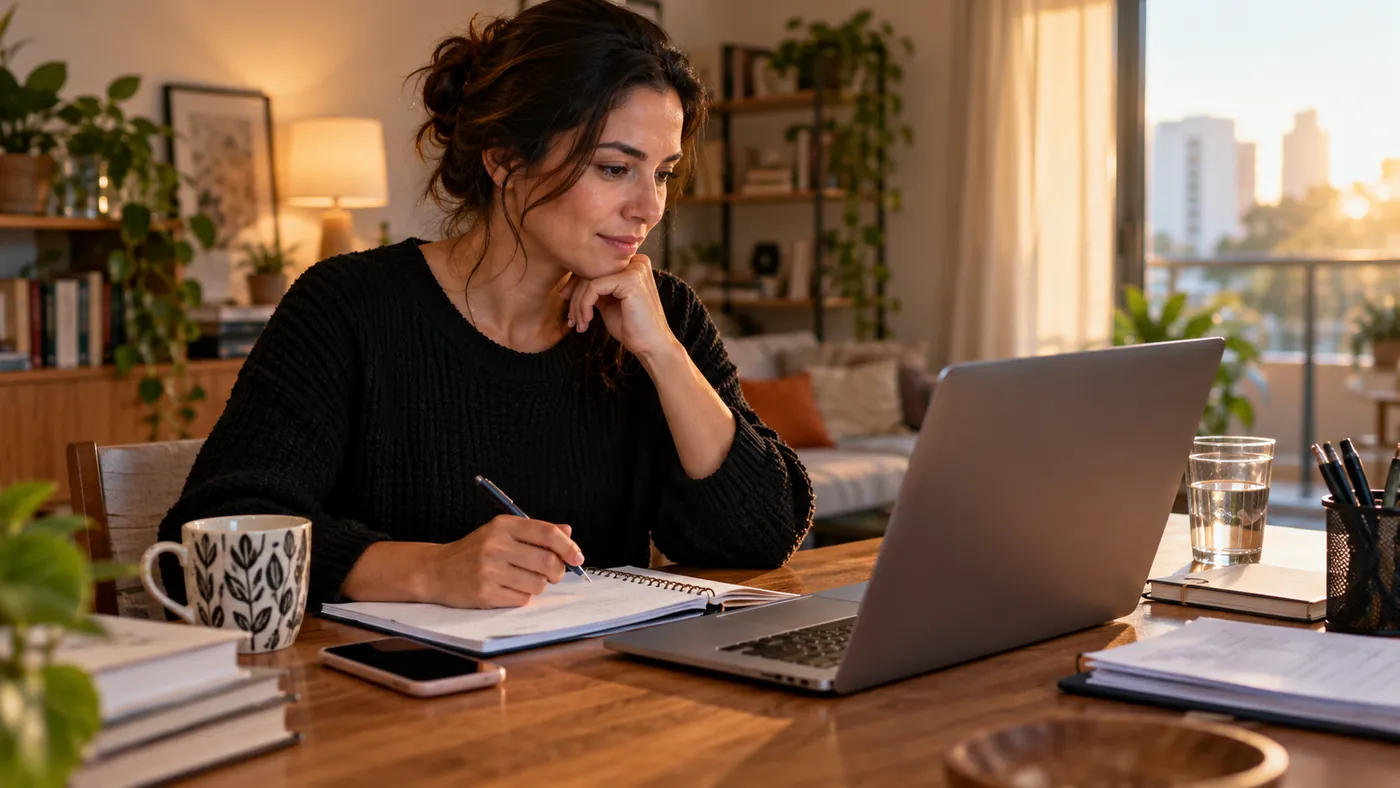 Consumidora tomando uma decisão informada após pesquisar um curso financeiro online