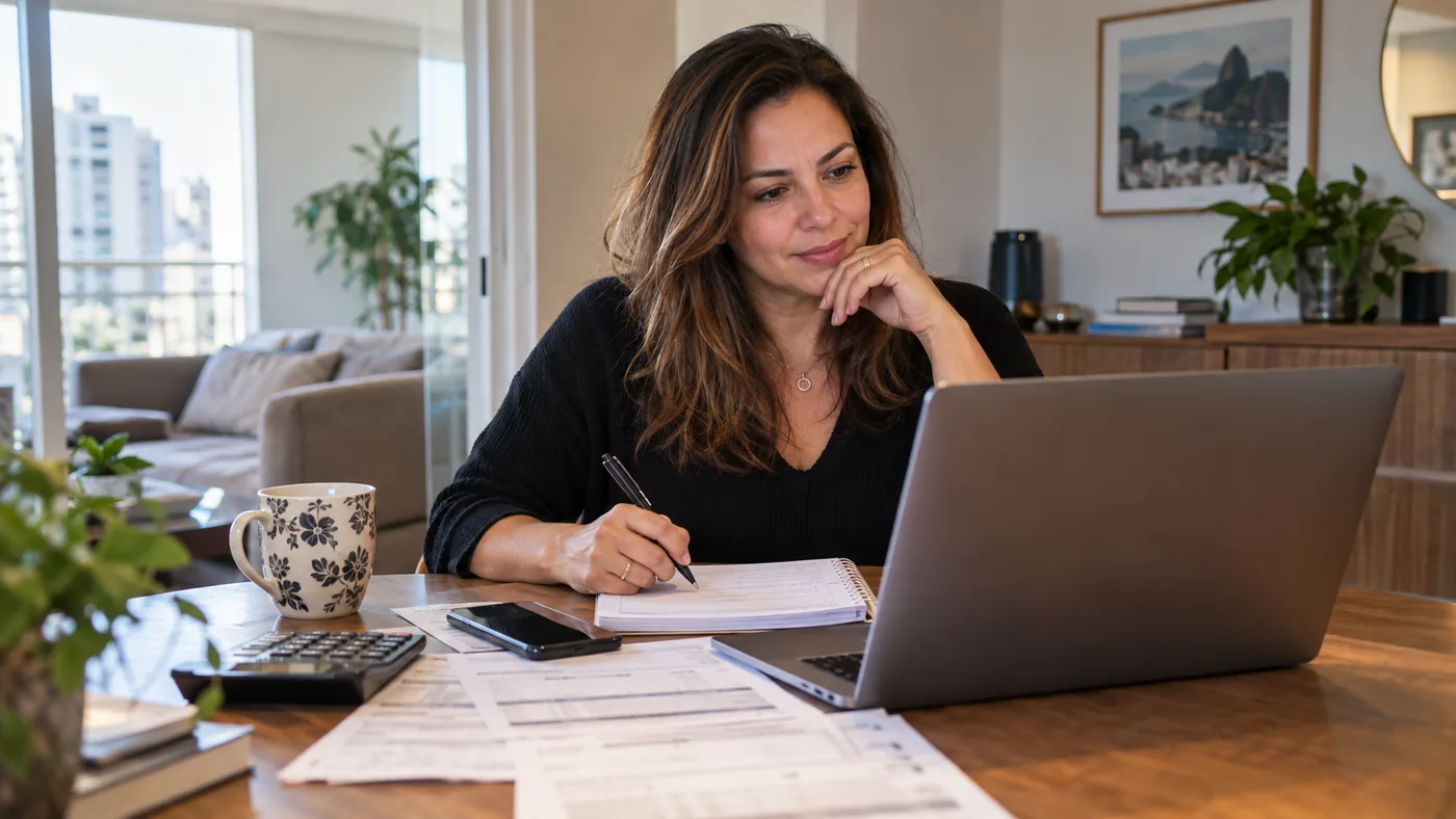 Mulher analisando organização financeira durante pesquisa sobre o Viva Sempre com Dinheiro